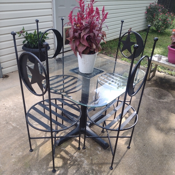 Antique French Wrought Iron Forged Outdoor Chairs w Wrought Iron Glass Top Table - Picture 14 of 16